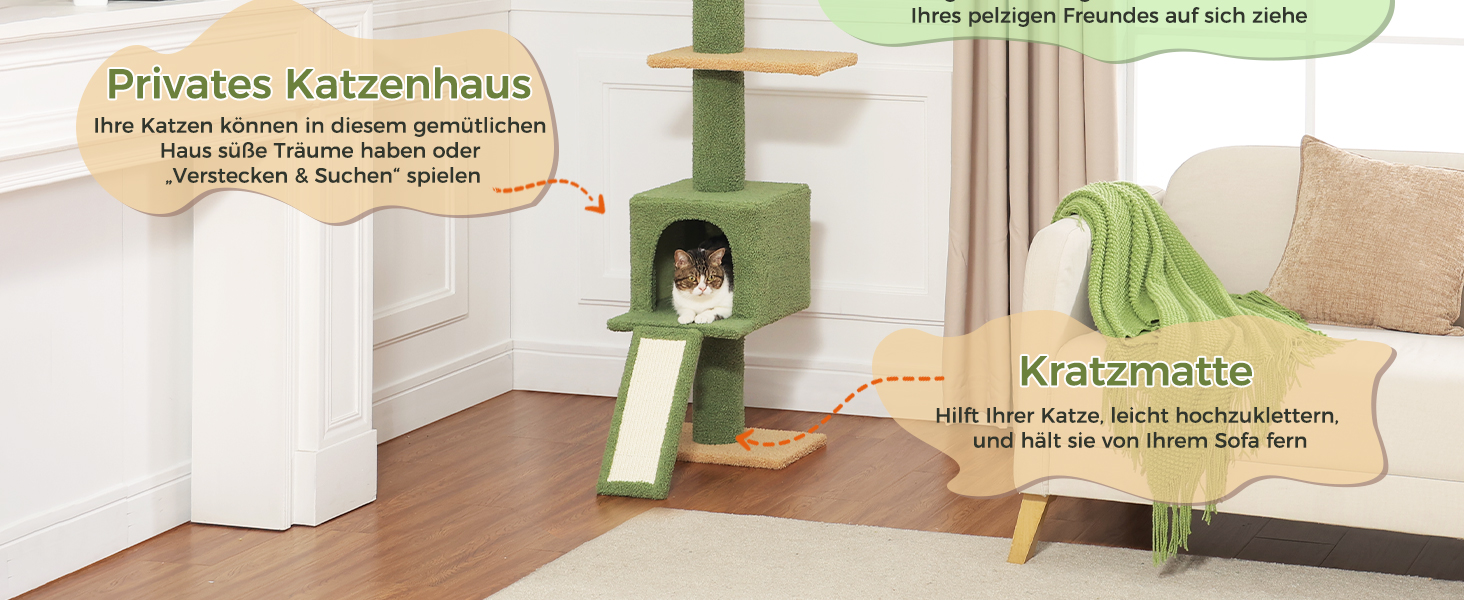 Котячий комплекс PAWZ Road з драбиною до стелі, регульований, 216-273 см, з гамаком та будиночком, страховий ремінь, бежевий