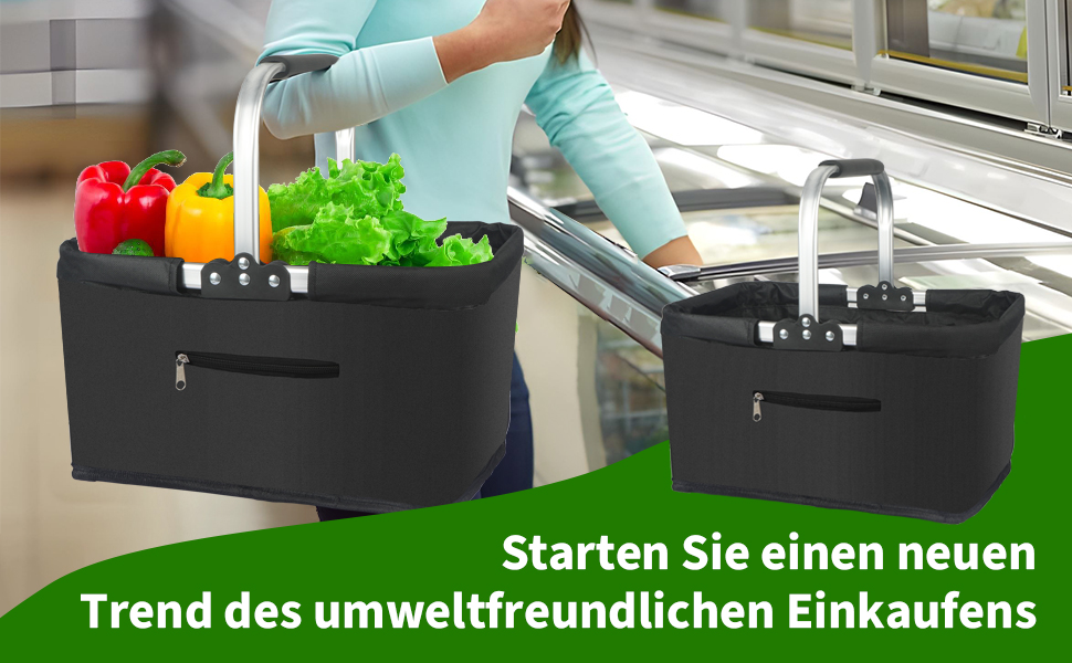 Складаний кошик для покупок 25L з міцними ручками та кишенею на блискавці, чорний