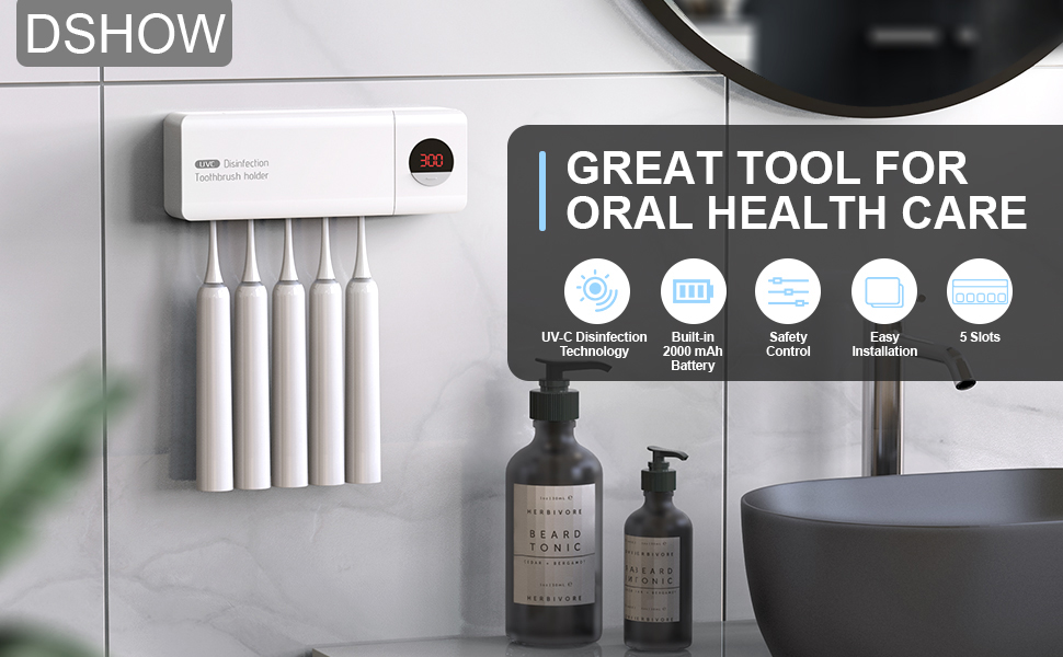 Стерилізатор зубних щіток DSHOW UV з таймером, бездротовий, настінний, 2000mAh, білий