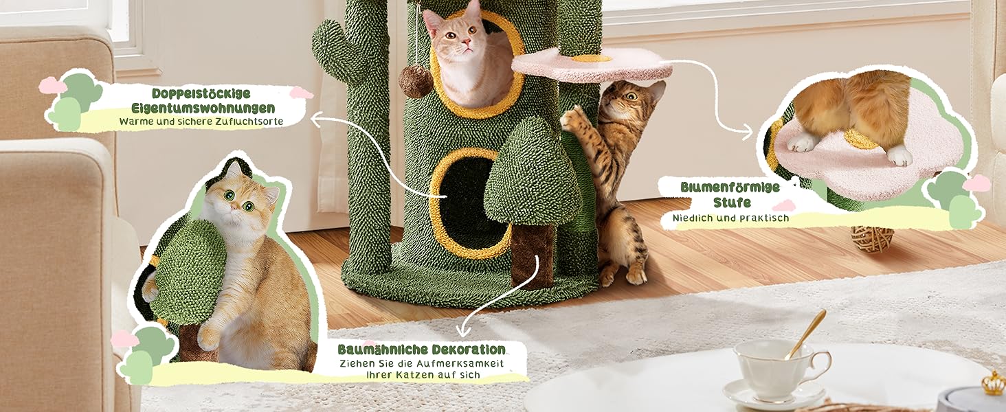 Дерево-кіготь для котів Yaheetech Kaktus, 123 см, оазис-тема, зелено-жовтий, для 2-3 котів, з 2 платформами та 2 печерами