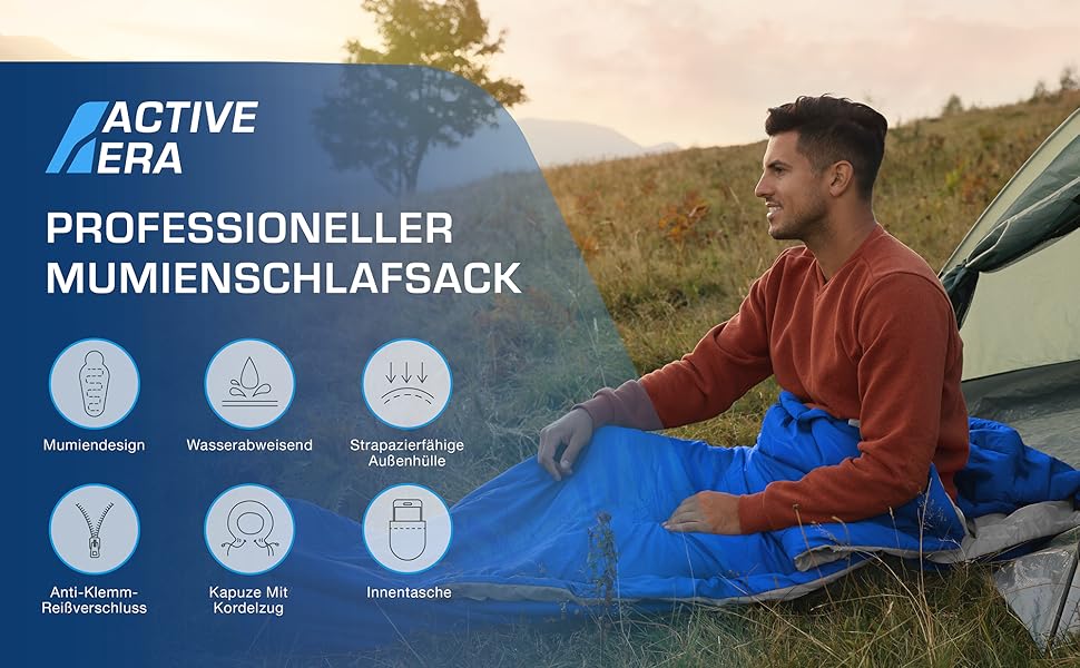 Сплячий мішок Active Era Mumienschlafsack – зимовий та літній, водонепроникний, вітрозахисний, ультралегкий, температурний режим -10°C до 10°C, компактний, для кемпінгу (блакитний)