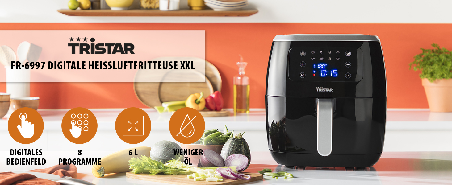 Фритюрниця повітряна Tristar FR-6997 XXL, 6 л, 8 програм, цифрове управління, чорна