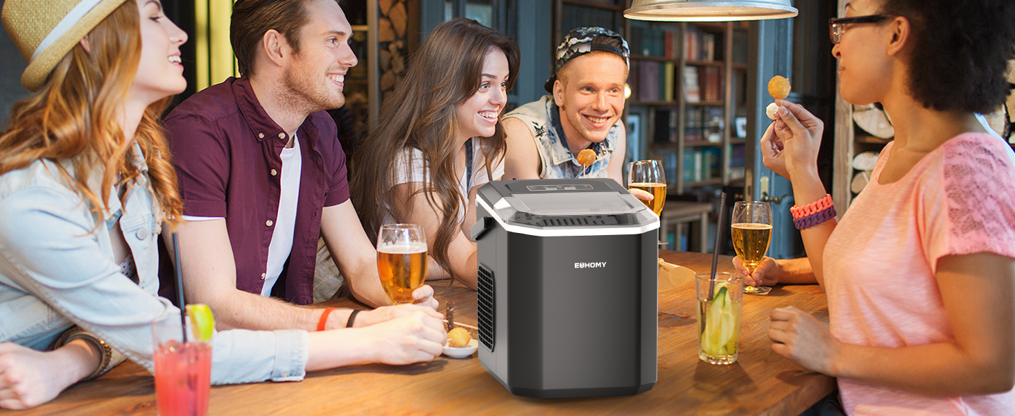EUHOMY Ice Maker - Countertop Ice Machine, Stainless Steel, 12kg/Day Capacity, 9 Cubes in 6 Minutes, 2 Sizes, for Home, Kitchen, Office, RV - Black