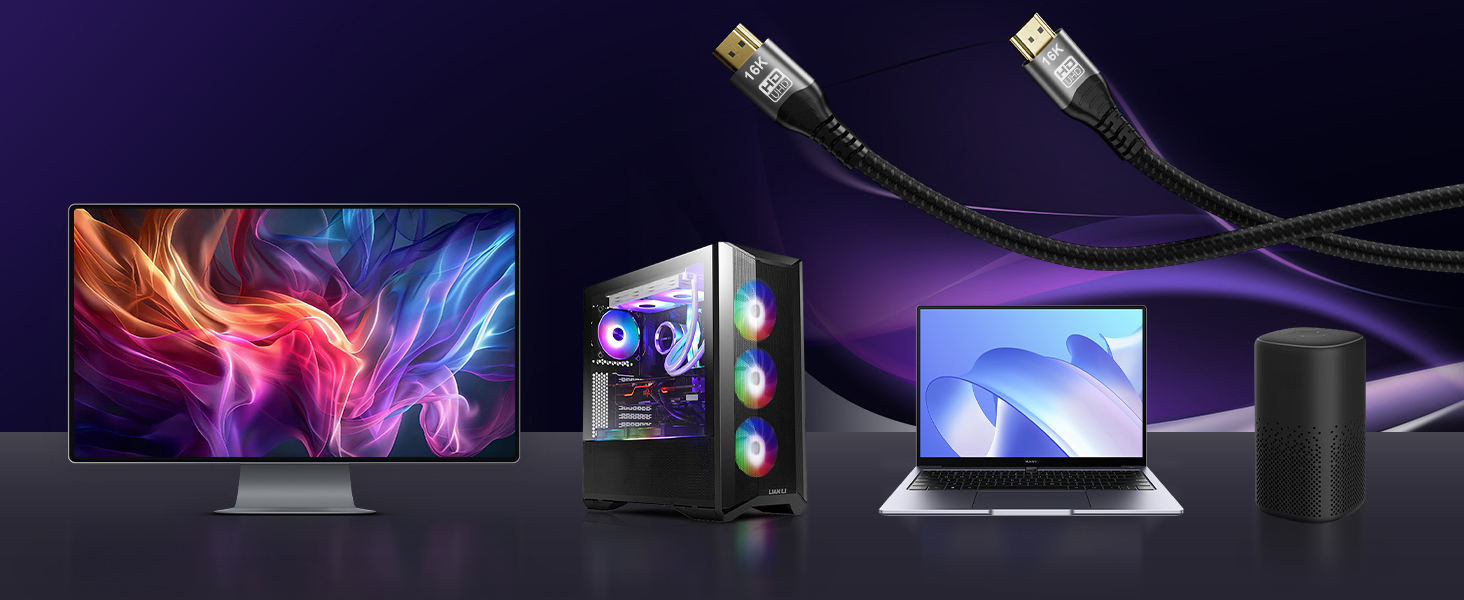 Кабель HDMI 2.2: Швидкий 2м, 96Gbps, 16K@60Hz, 12K/10K @120Hz, 8K@240Hz, 4K@480Hz, eARC, HDR10+, Dolby Atmos/Vision, HDCP 2.3, для PS5, Xbox, Soundbar, Fire TV, Laptop, HDTV