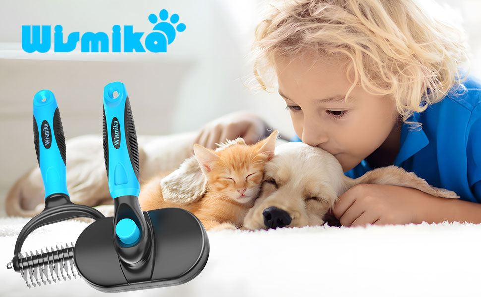 Двостороння щітка для грумінгу собак та котів 2-в-1, для видалення підшерстка, самоочисна (блакитна)