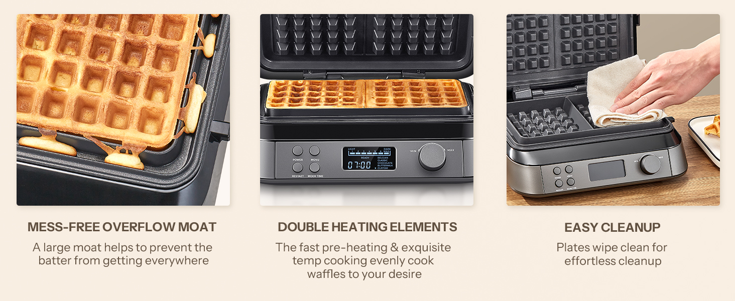 1600W Belgian Waffle Maker - 5 Programs, 7 Browning Levels, LCD Display, Timer, Stainless Steel