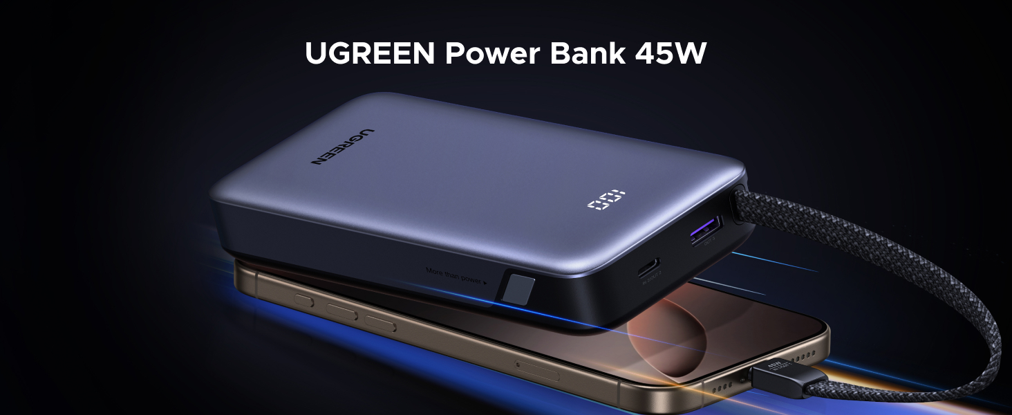Power Bank UGREEN 20000mAh 45W з USB-C кабелем та швидкою зарядкою PD, сумісний з iPhone, iPad, Samsung Galaxy, ноутбуками