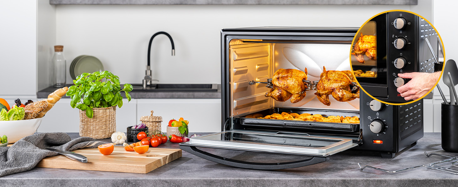 Міні-піч TZS First Austria 45L з регулюванням температури до 230°C, таймером, грилем та поворотним шампуром. Антипригарне покриття, 4 рівня, деко та решітка.