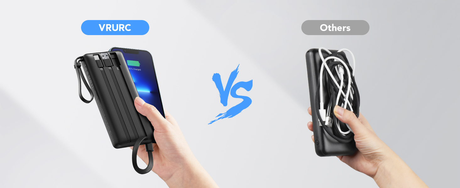 Power Bank VRURC 10000mAh з 4 кабелями, портативний акумулятор USB-C для iPhone/Huawei/Samsung, LED-дисплей, 5 виходів, чорний