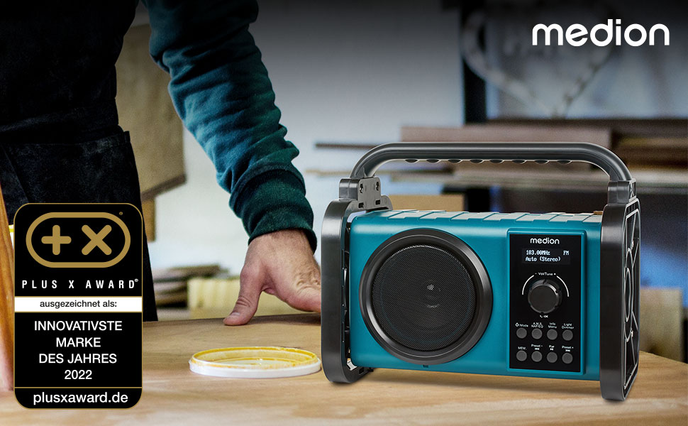 Радіоприймач Medion E66877 DAB+ Baustellenradio: Bluetooth 5.0, DAB+, UKW, LED-ліхтар, акумулятор/мережа, водонепроникний (IP44), синій