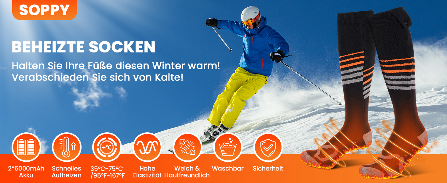 Електричні гріючі шкарпетки SOPPY, унісекс, 6000mAh, для катання на лижах, піших прогулянок, активного відпочинку, чорні
