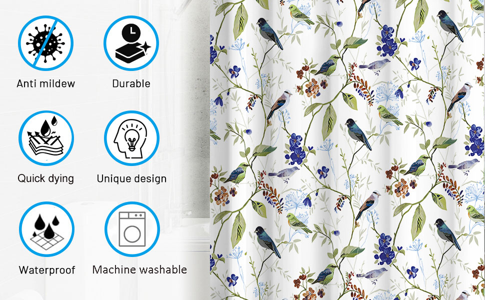 Штора для душу 180x180 см з квітами, антигрибкова, водонепроникна, поліестер, з 12 кільцями (Циан, великий птах)