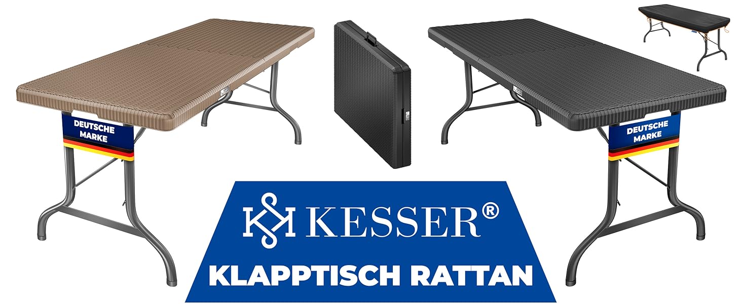 Стіл KESSER® для пікніка, розкладний, пластиковий, 183x76 см, ротанг, 6 осіб, для саду, тераси, балкону, з ручкою, антрацит