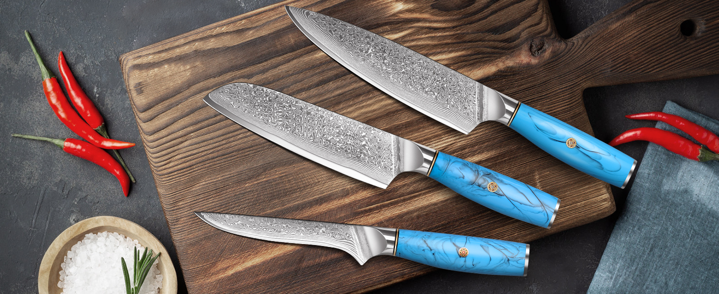 Ніж Kiritsuke Kochmesser Damast від Home Safety: професійний кухонний ніж з лезом 18.8 см з 67 шарів VG-10 Damaststahl, ергономічна ручка з натуральної смоли, подарункова коробка (3 шт)