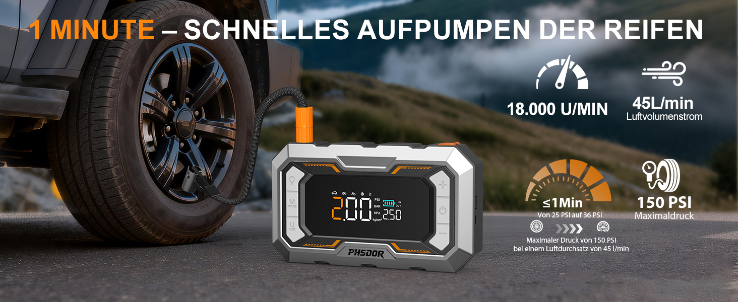 Пусковий пристрій (бустер) 8000A з компресором 150 PSI та Powerbank 25000mAh для авто (бензин до 12л, дизель до 10л), з LED-ліхтарем, помаранчево-сріблястий