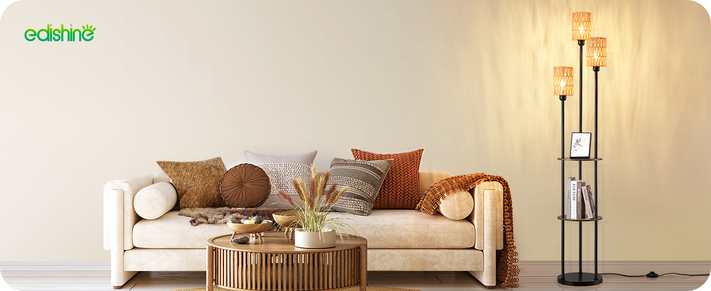 Стійка лампа EDISHINE для вітальні, вінтажна 3-лампова модель з полицею та абажуром з ротангу, 3 патрони E27, з лампочками, бохо-лампа з вимикачем на нозі для спальні та офісу, 178 см (Вінтажний коричневий)
