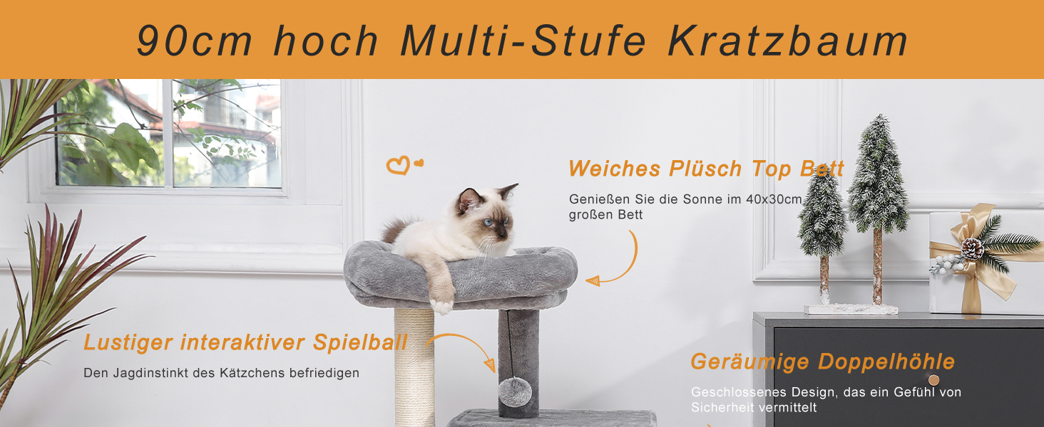 Котячий будиночок з когтеточкою PETEPELA з сизалевим мотузком, плюшевою лежаком та ігровим будинком для котів, сірий, 90 см