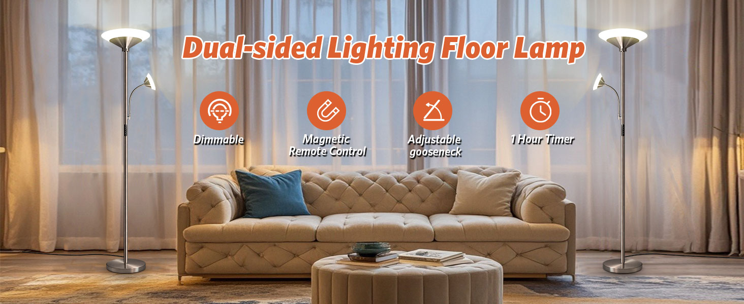 LED торшер BBHome для вітальні з регулюванням яскравості та лампою для читання, 3000K-6500K, з пультом та сенсором, срібний