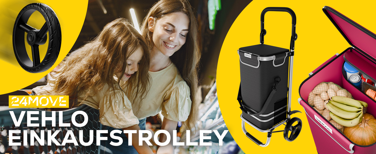 Тролей для покупок 24MOVE® Vehlo: складаний, 55л, з термокишенею, 3в1 (тролей, візок, сумка), до 30кг, чорний
