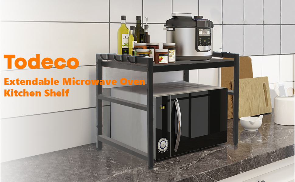 Підставка для мікрохвильової печі Todeco, 2-ярусна, чорна, з 6 гачками, регульована (36-60) x 36 x 44 см, до 25 кг