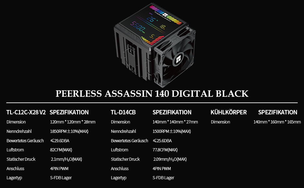 Thermalright Peerless Assassin 140 Digital Black - Кулер для CPU з 6 теплотрубками, для AM4/AM5 та Intel lga1700/1851/1200/2011