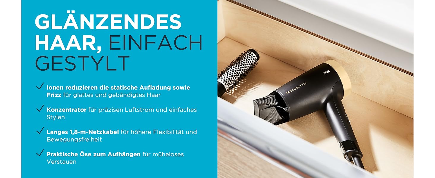 Фен Rowenta Express Style CV1811: 1900 Вт, іон-технологія, холодний струмінь, компактний дизайн, чорний/золотий