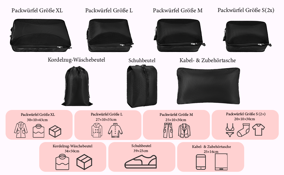 Органайзер для валізи KiwiPower, 8 шт. – комплект компресійних кубиків для одягу, чорний