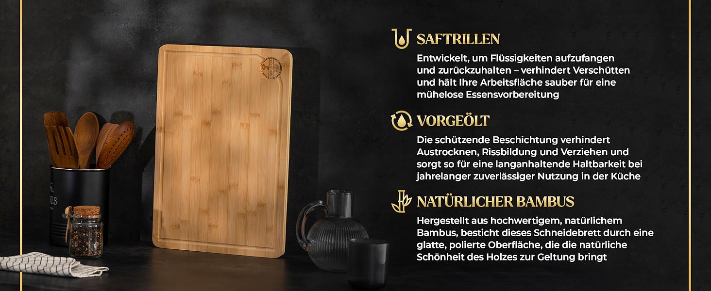 Роздільна дошка Deer & Oak з бамбука – XL (38x25x2 см), олійна, водонепроникна, для м'яса, овочів та хліба