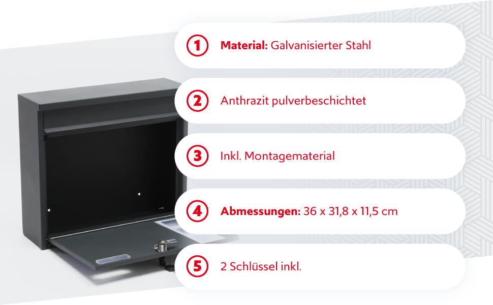 Поштова скринька Wiltec V12 антрацит 360x115x320 мм, настінна, з замком, оглядовим вікном та табличкою для імені, сталь оцинкована