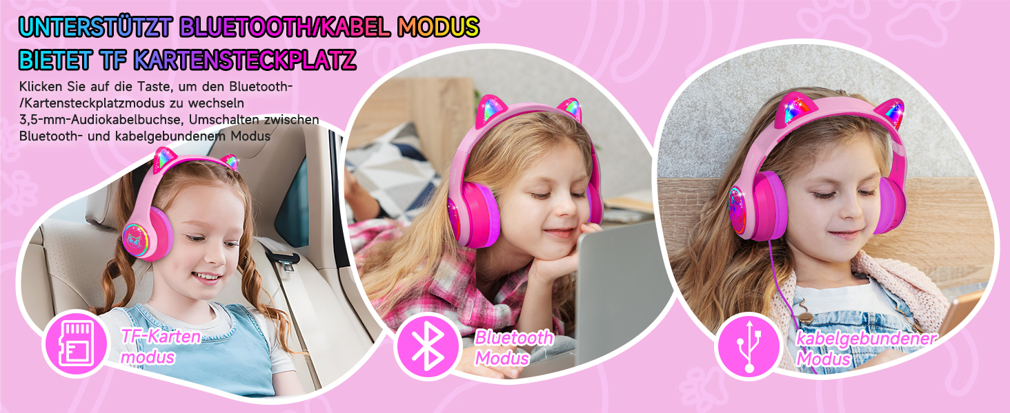 Дитячі бездротові навушники IFecco з мікрофоном, Bluetooth, LED, котячі вушка (рожевий)