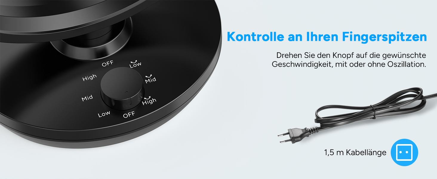 Вентилятор настільний DR.PREPARE, 25 дБ, тихий, ефективне охолодження, 3 швидкості, таймер 2-12 годин, осциляція 90°, 8 дюймів