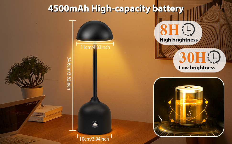 LED настільна лампа бездротова диммерна акумуляторна торшер Touch 3000k/4000k/5000k, 4500mAh, чорна, для дому, бару, готелю, вітальні, їдальні, USB, 1 шт.