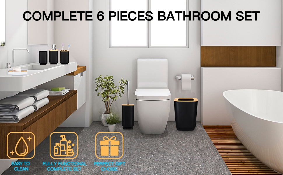 Набір аксесуарів для ванної кімнати JOTOM з бамбука, 6 шт. Сучасний дизайн: дозатор для мила, тримач для зубних щіток, стакан, мильниця, тримач для туалетного йоржика, сміттєве відро. Сірий колір