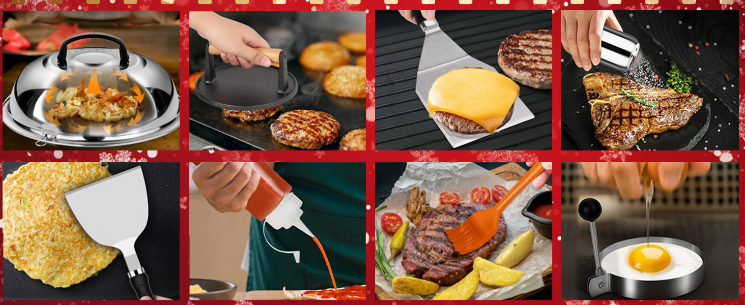 Набір аксесуарів для грилю Grilliance 27-TLG: лопатки, преси, форми для котлет, для Blackstone, тепаньякі, барбекю, нержавіюча сталь