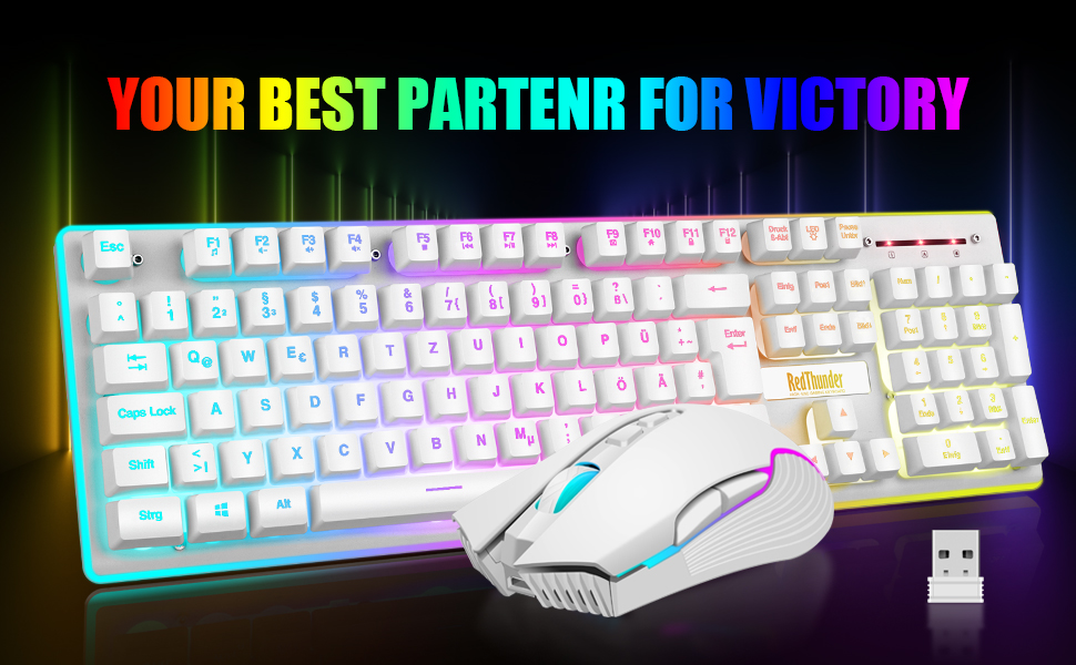 RedThunder K10 Бездротовий Ігровий Набір Клавіатури та Миші, QWERTZ DE Розкладка, 3000mA Батарея, 3200 DPI для Геймерів (Білий)