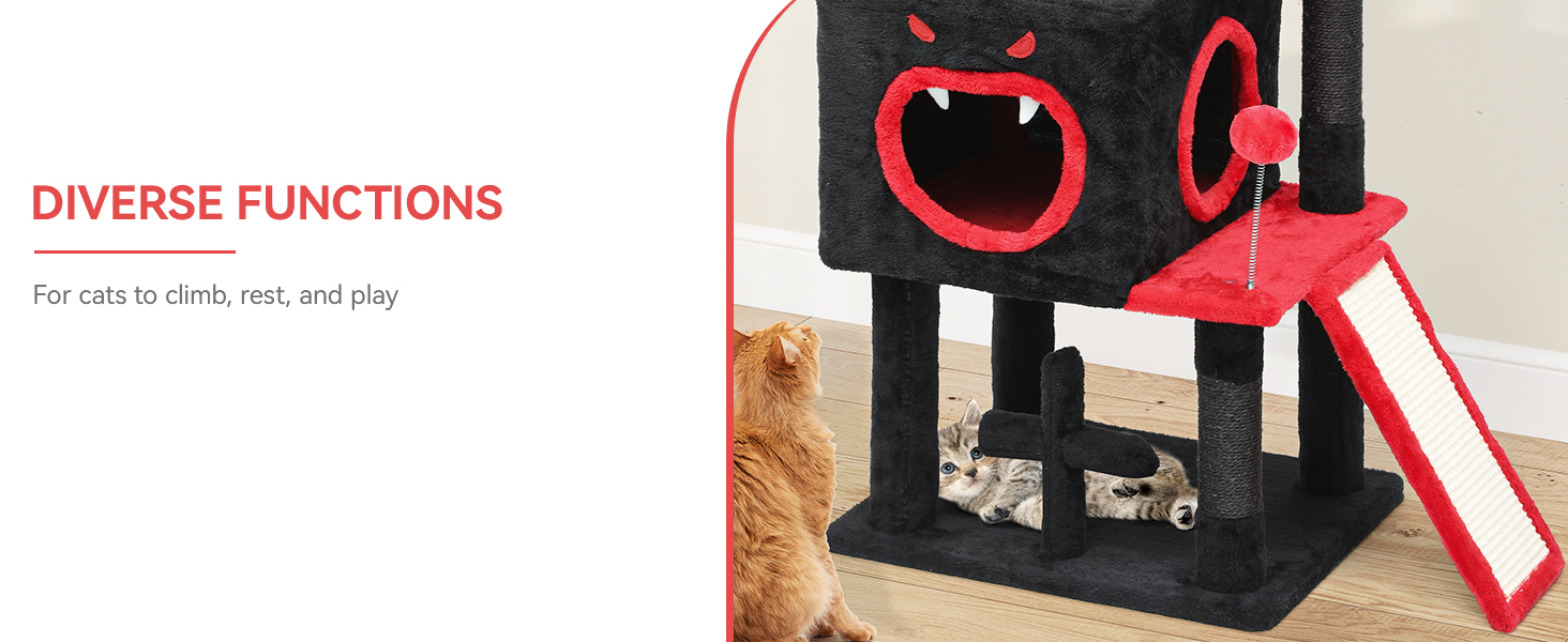 Кігтеточка YITAHOME Готичний XL, 160 см, з 4 колонами з сизалю, 1 дощечкою для шліфування, гамаком, 2 кулями-мавпами, платформами-ліжками, для шліфування, чорна (40 x 48 x 111 см)