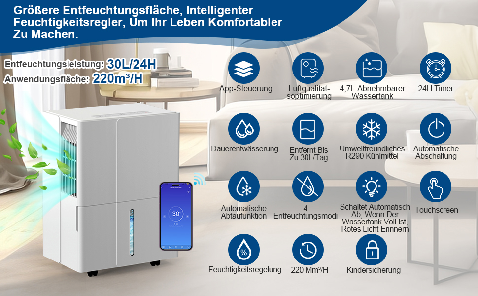 Електричний осушувач повітря 30л/день з Wi-Fi, 4 режими, автоматичне осушення, таймер, дренаж, для дому/квартири/підвалу