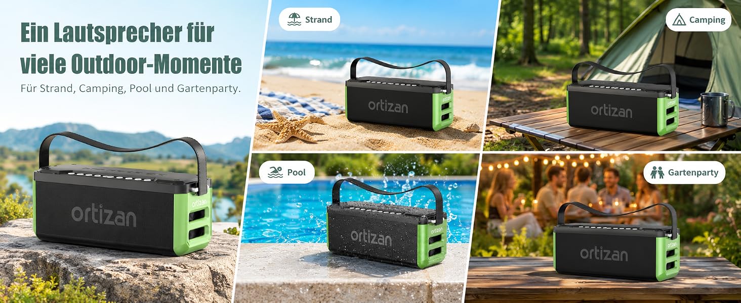 Ortizan Bluetooth колонка портативна 80 Вт, IPX7 водонепроникна, LED підсвітка, 12 год. роботи, Powerbank, стерео-з'єднання, зелено-чорна