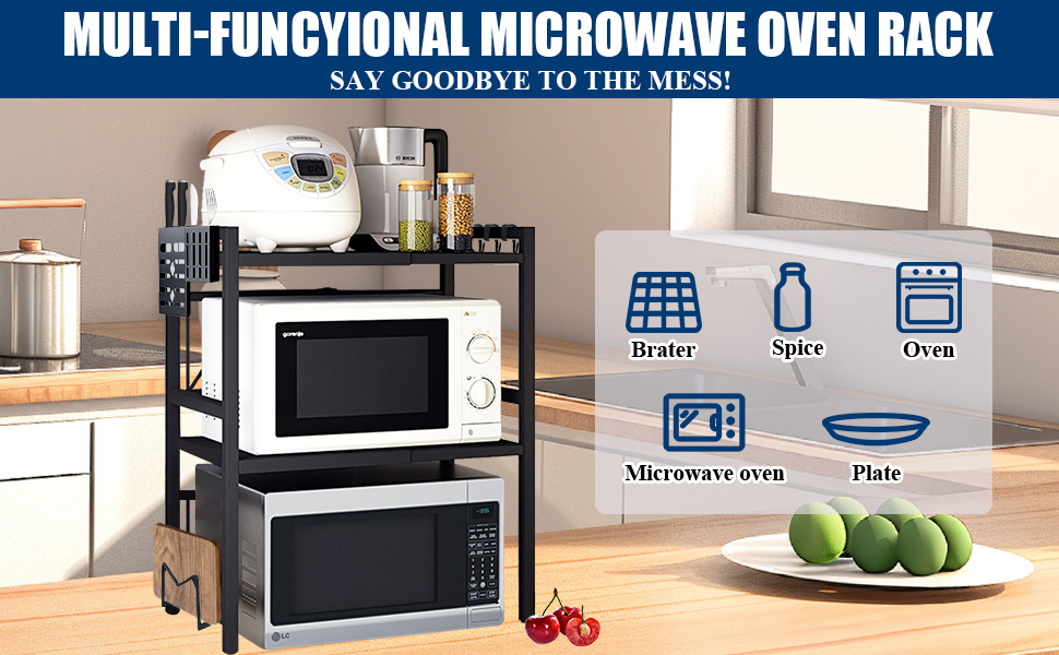 Регульована полиця для мікрохвильової печі, 3-рівнева розширювана стійка, органайзер для кухні з 6 гачками, з вуглецевої сталі, чорний