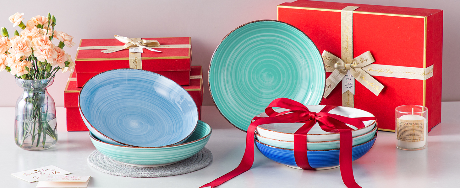 Набір Suppenteller Vancasso Bonita (6 шт.) з кераміки: тарілки для супу, пасти, спагеті, рамену, салатів, універсальні (1.4 л, блакитні)