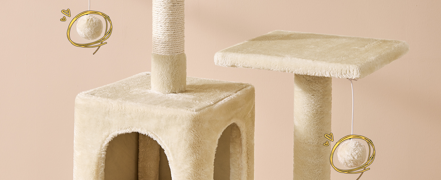 Кігтеточка для котів MSmask велика, багатоповерхова, з платформами, гамаком та сизалевими стовпчиками (бежева)