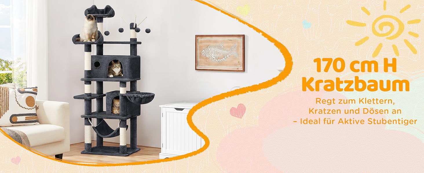 Котячий будиночок Yaheetech 170 см XL: когтеточка, ліжко, гамак, іграшки, сірий