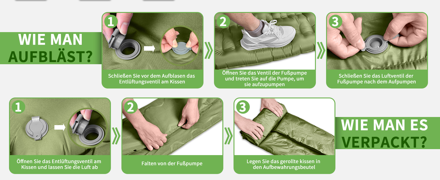 ARFNKIM Self-Inflating Camping Mat - 12cm Thick Sleeping Pad with Foot Pump & Pillow - Lightweight, Compact, Waterproof for Outdoor Use (Green)