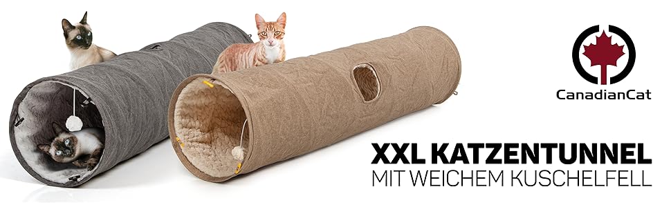 Ігровий тунель для котів CanadianCat XXL, плюшевий, сірий, 35x150 см, з іграшкою