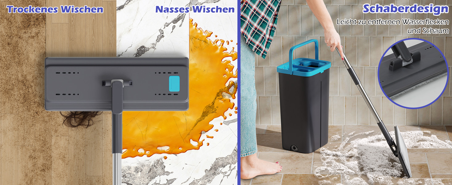 Набір для миття підлоги з відром, 2 в 1: моп з відром та функцією віджиму, з регульованою ручкою з нержавіючої сталі та 6 мікрофібровими насадками, підходить для плитки та ламінату (сірий + зелений)