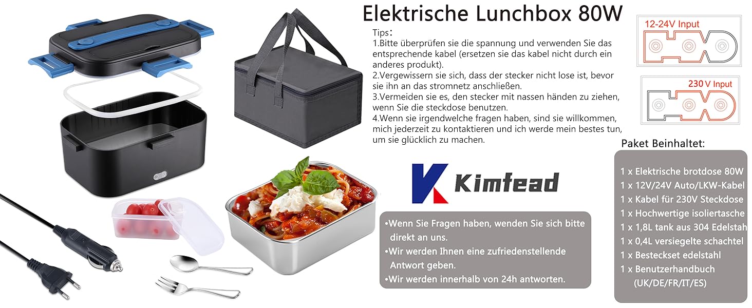 Електрична ланчбокс Kimfead з термоіндикатором, 1.8л, 80W, 12V/24V/230V, для авто/офісу, з сумкою та столовими приборами