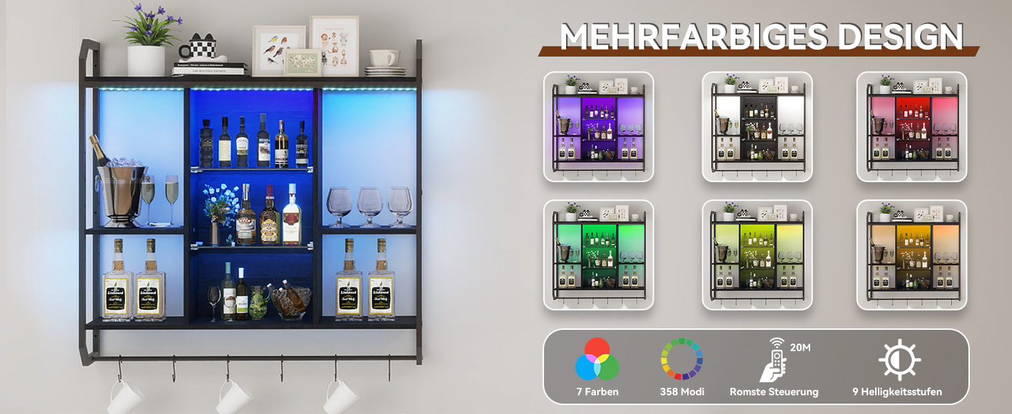 Стильне металеве вітрина для вина з LED-підсвічуванням на стіну, 3 яруси, чорний колір, для бару, кухні, вітальні, ресторану, 20x80 см