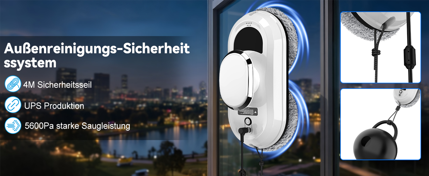 Робот для миття вікон Fensterputzroboter 5600Pa з пультом, датчиком краю та 3 режимами, система безпеки USV, для плитки та скла