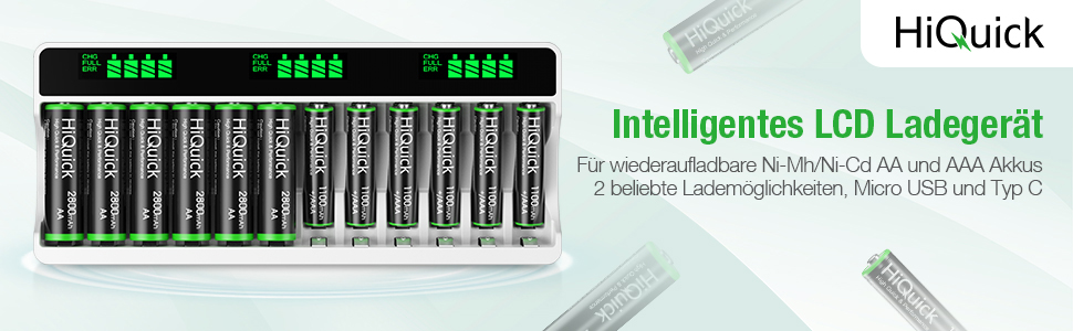 Зарядний пристрій HiQuick для акумуляторів AA/AAA з LCD-дисплеєм (12 місць)