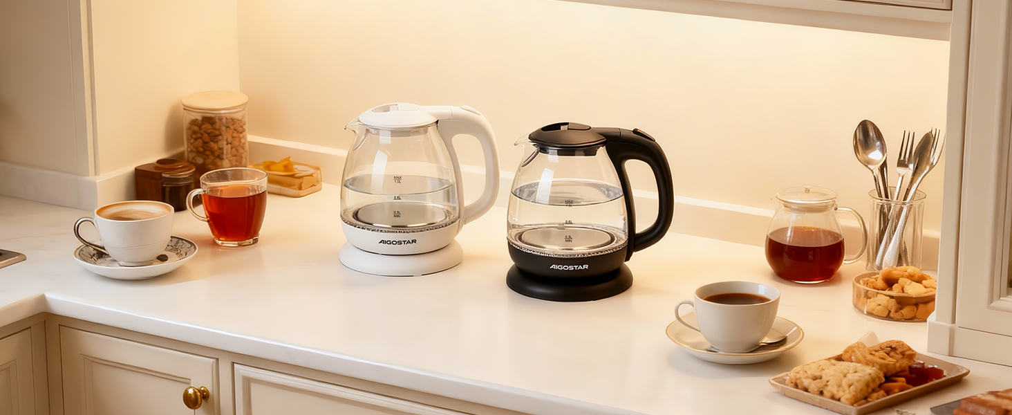 Електричний чайник Aigostar зі скла, 1 л, 2200W, LED-підсвічування, автоматичне відключення, захист від сухого кипіння, BPA Free, білий
